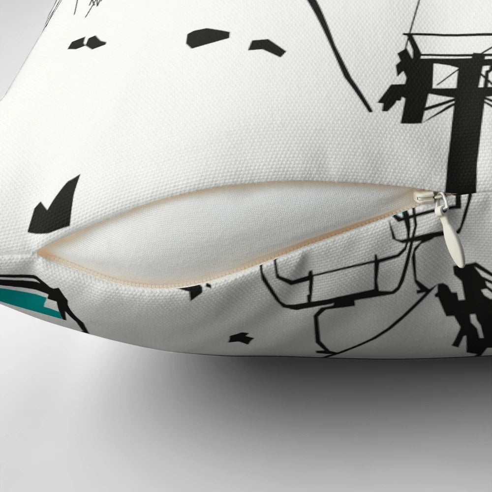 Soft, plush ski-themed pillow with a snowy mountain design