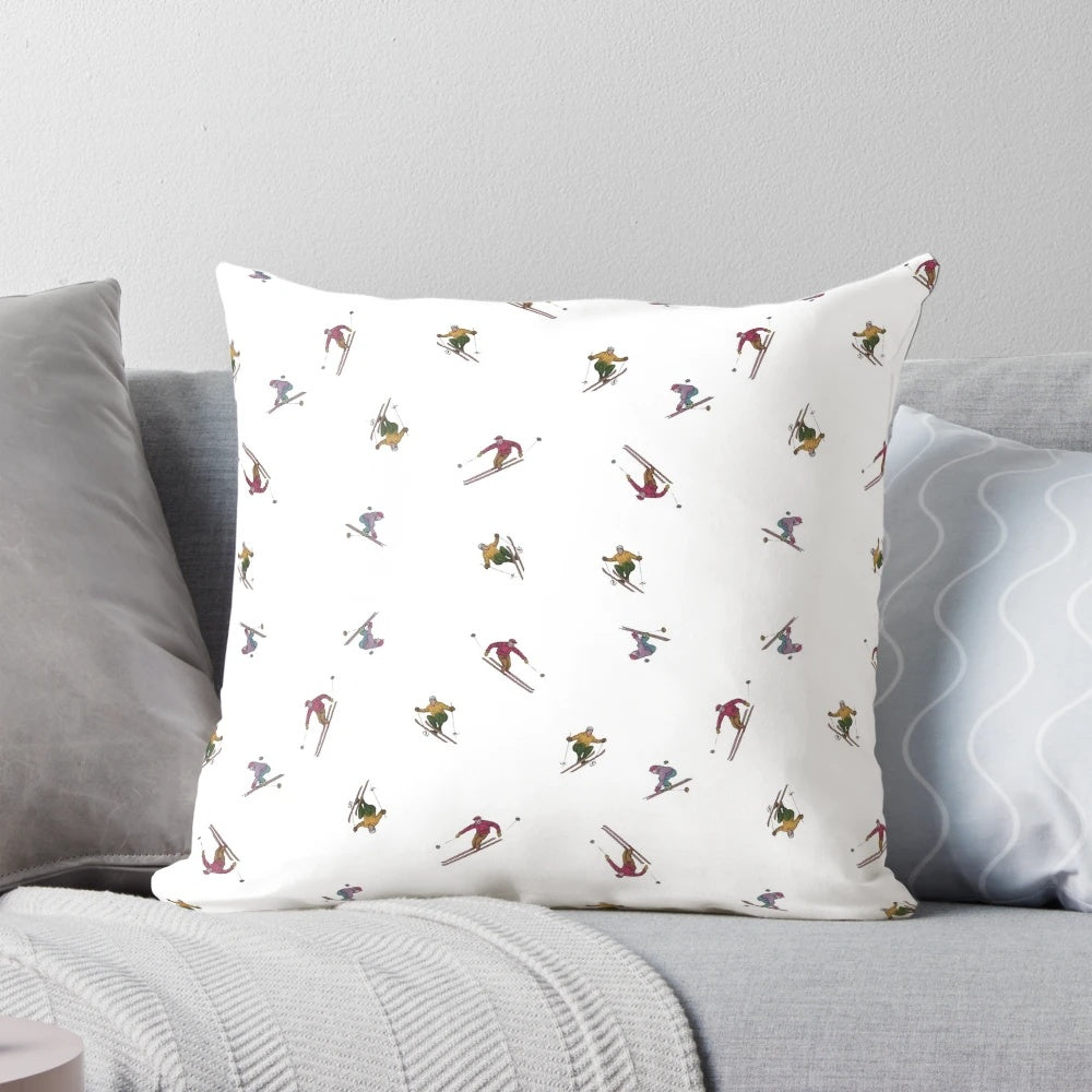 A soft, plush pillow featuring a winter sports pattern design