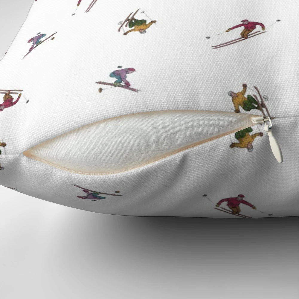 A soft, plush pillow featuring a winter sports pattern design