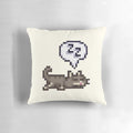 A soft, plush pillow featuring a sleeping grey tabby cat in a sploot position, perfect for Stardew Valley enthusiasts.