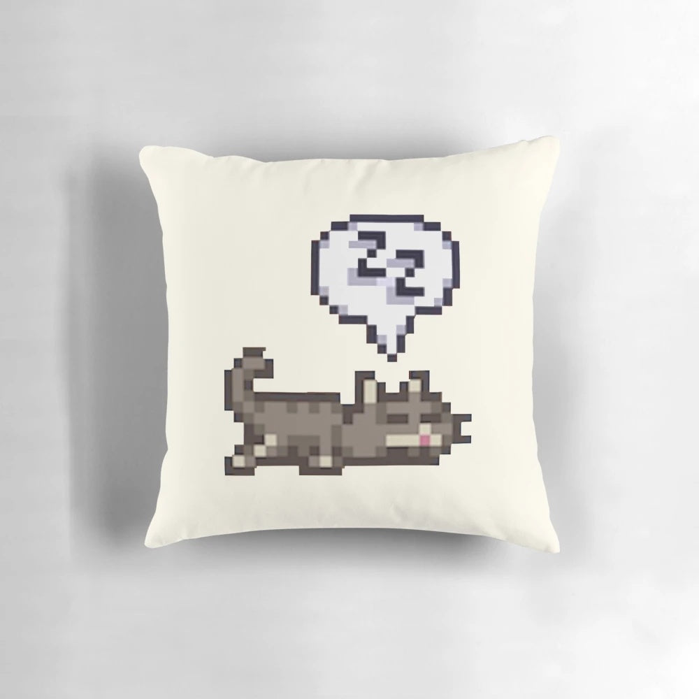 A soft, plush pillow featuring a sleeping grey tabby cat in a sploot position, perfect for Stardew Valley enthusiasts.