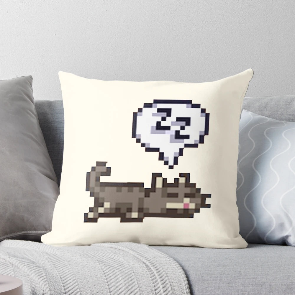 A soft, plush pillow featuring a sleeping grey tabby cat in a sploot position, perfect for Stardew Valley enthusiasts.