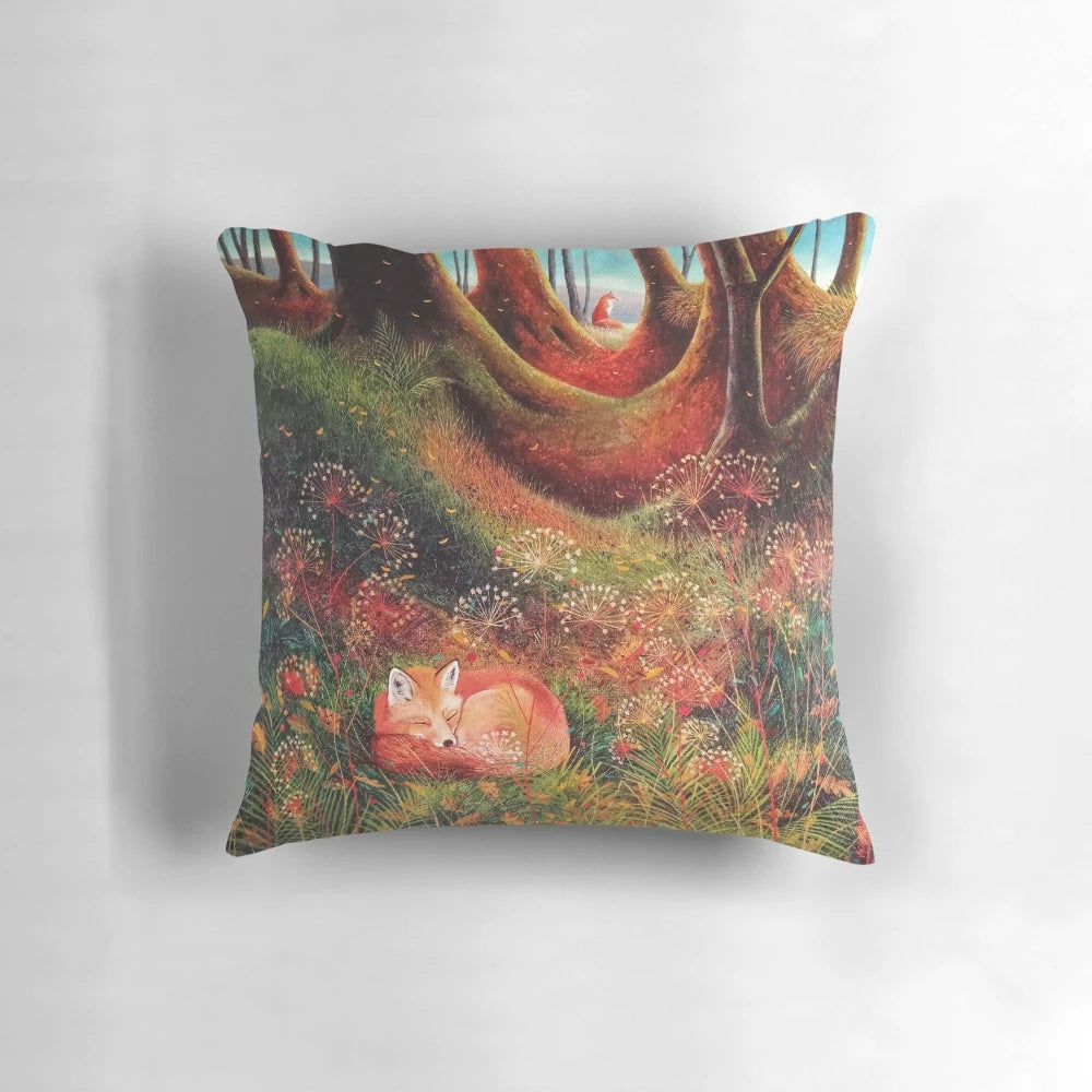 Soft, plush pillow featuring a sleeping red fox in a forest setting
