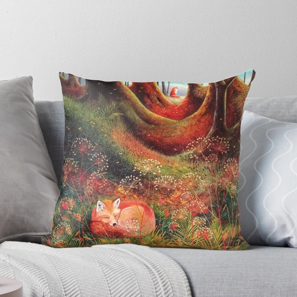 Soft, plush pillow featuring a sleeping red fox in a forest setting
