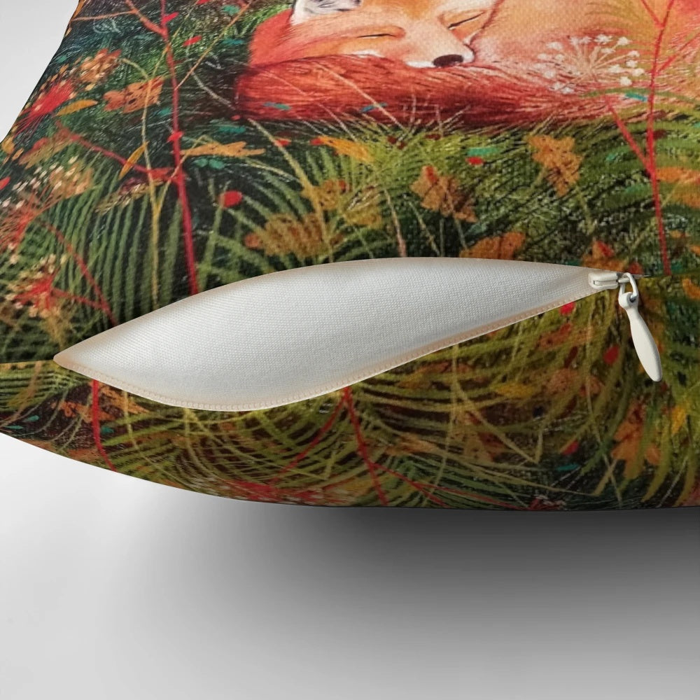 Soft, plush pillow featuring a sleeping red fox in a forest setting