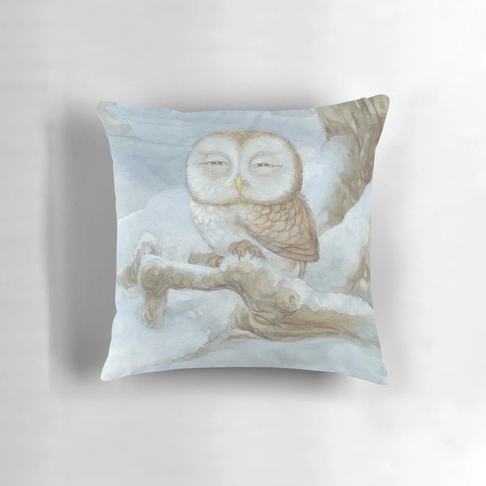 Soft, plush pillow featuring a sleepy owl design for a cozy, comfortable sleep experience.
