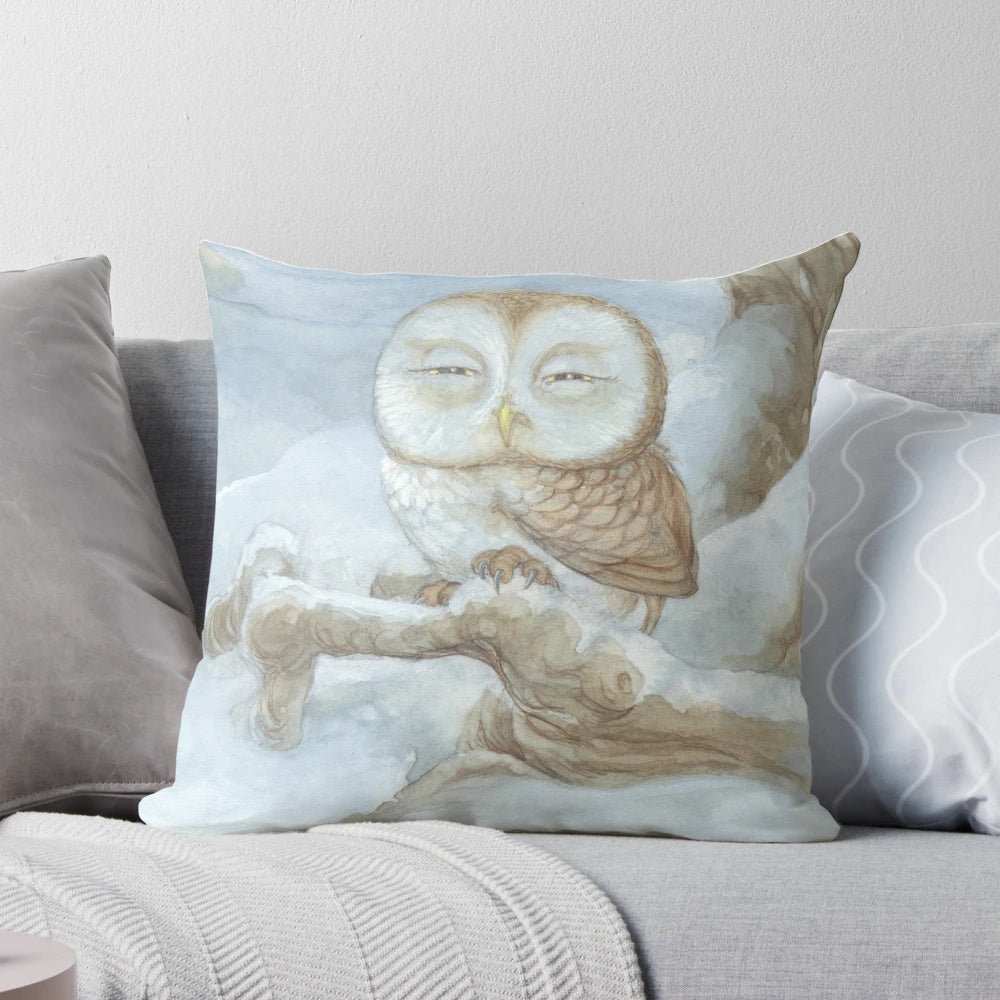 Soft, plush pillow featuring a sleepy owl design for a cozy, comfortable sleep experience.