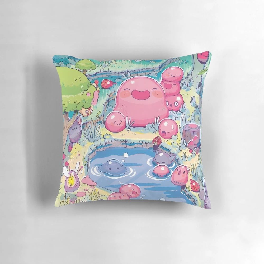 A soft, minimalist pillow featuring the adorable slimes from the popular video game Slime Rancher.