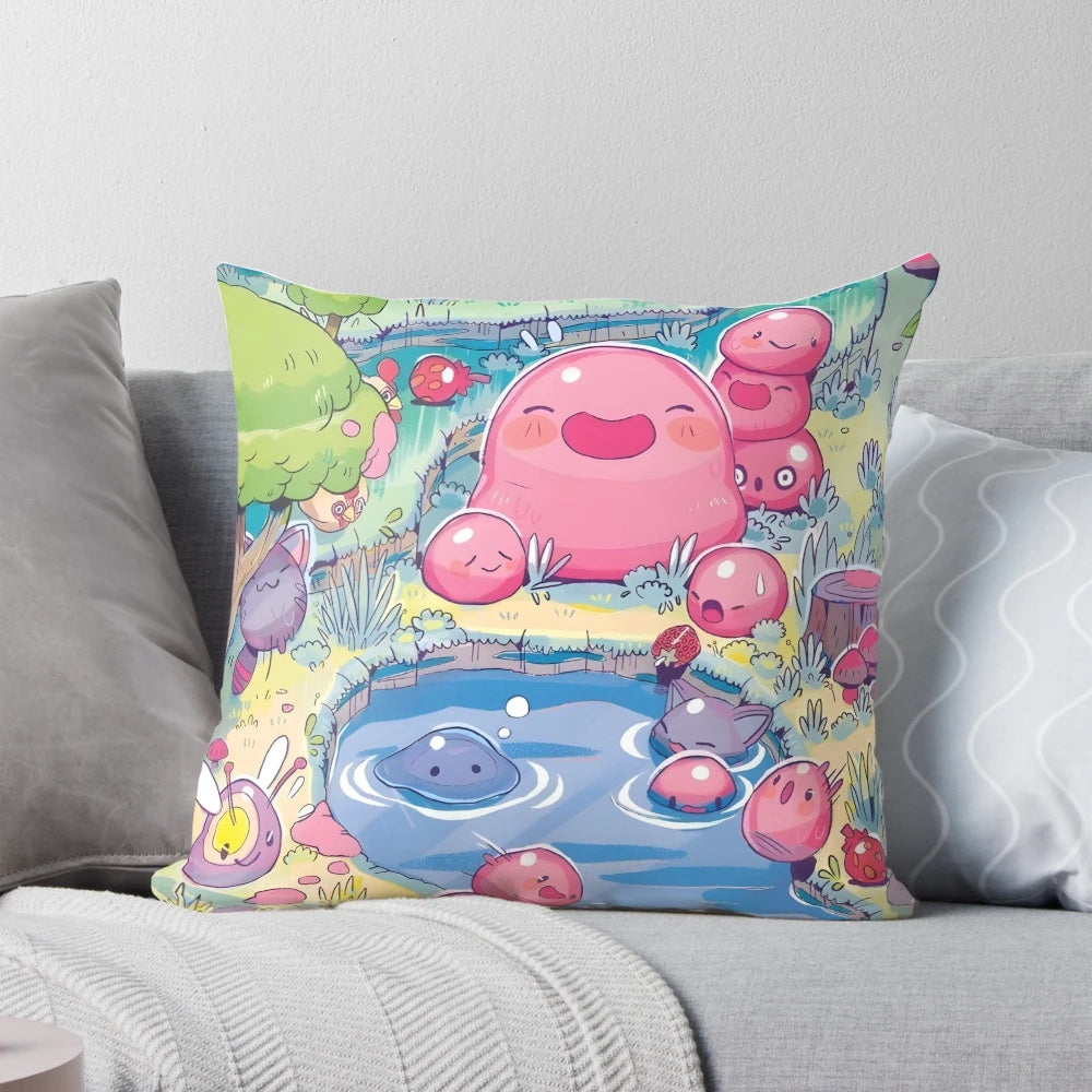 A soft, minimalist pillow featuring the adorable slimes from the popular video game Slime Rancher.