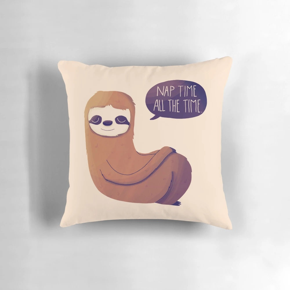 Cute sloth character printed on a plush, comfortable pillow for children.
