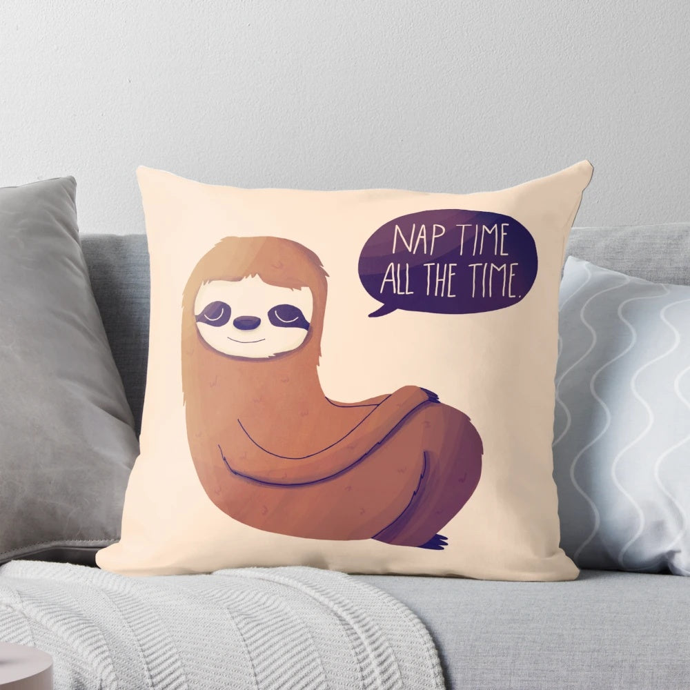 Cute sloth character printed on a plush, comfortable pillow for children.
