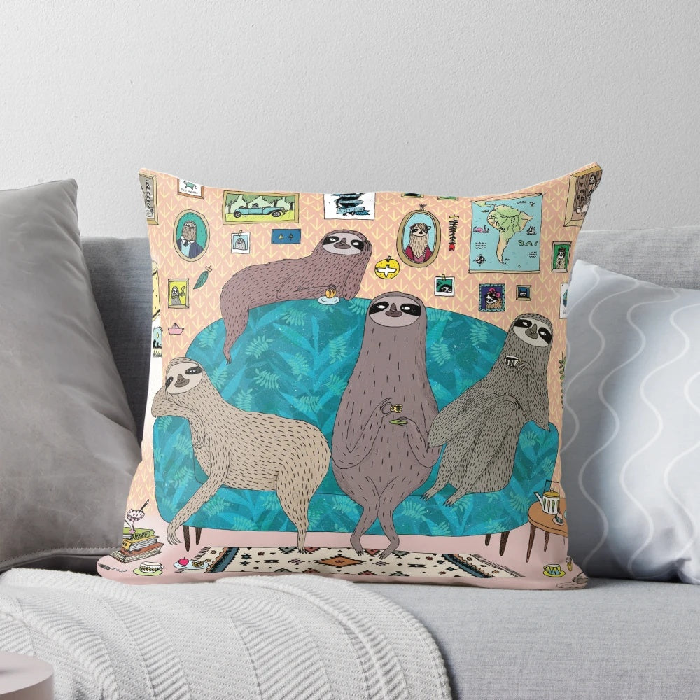 Plush sloth-printed pillow in pastel and neutral tones