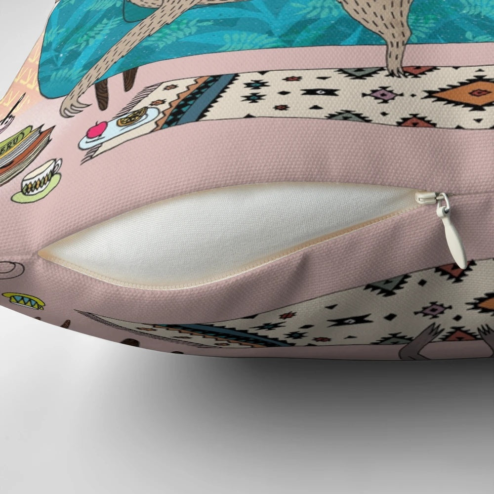 Plush sloth-printed pillow in pastel and neutral tones