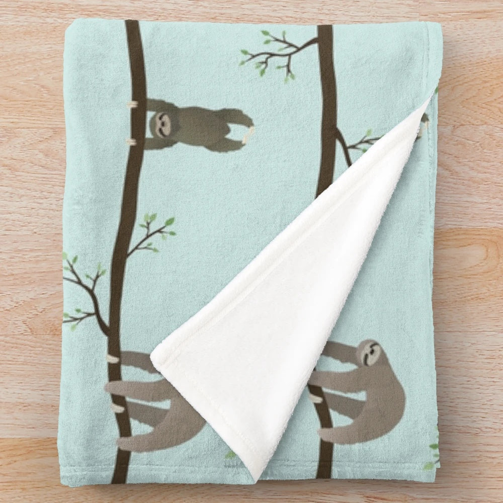 Blue sloth plush blanket with cute sloth pattern