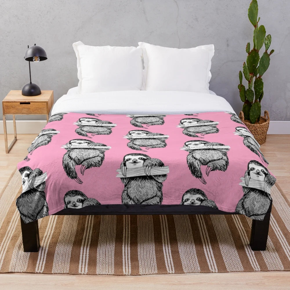 Sloth Plush Blanket with a Hanging Sloth on a Carnation Pink Background