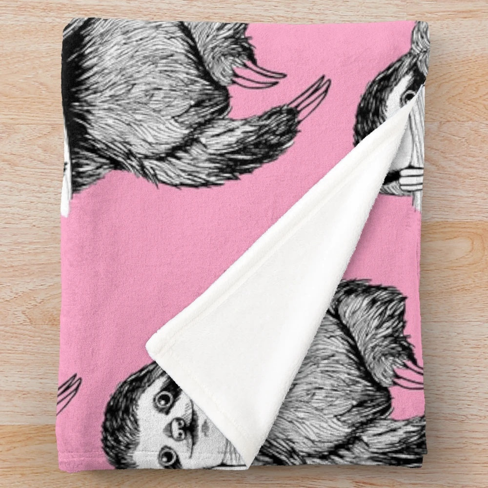 Sloth Plush Blanket with a Hanging Sloth on a Carnation Pink Background