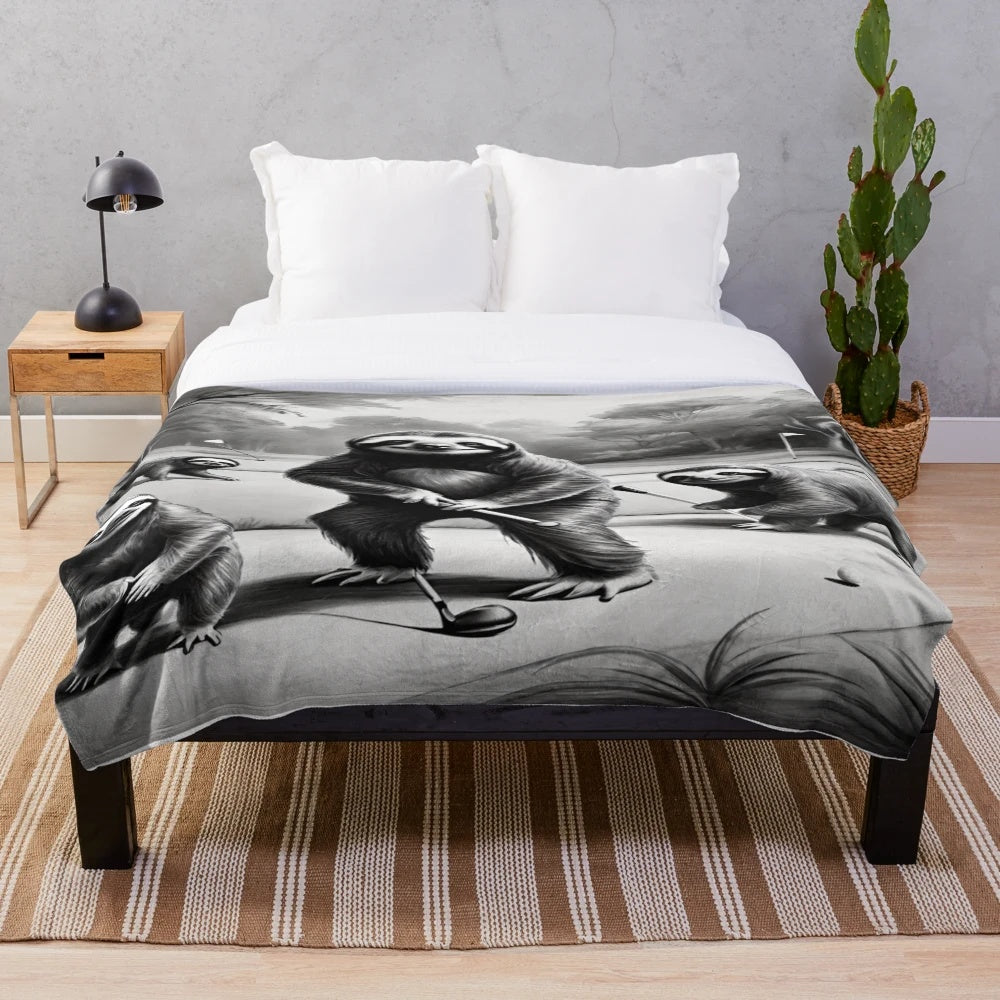 Sloths golfing on a plush blanket