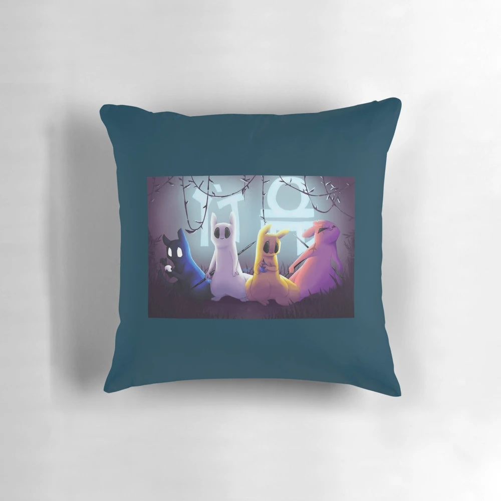A soft, plush pillow featuring a cute slugcat character from the video game Rain World, in a retro 90s style illustration.