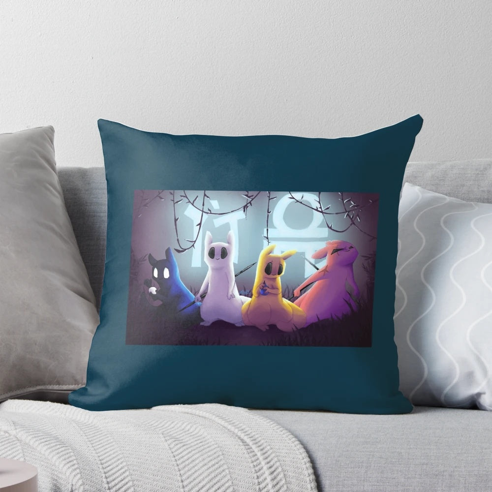 A soft, plush pillow featuring a cute slugcat character from the video game Rain World, in a retro 90s style illustration.