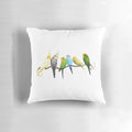 Soft and snuggly pillow featuring a design of small parrots, including parakeets, budgies, and cockatiels in various colors.