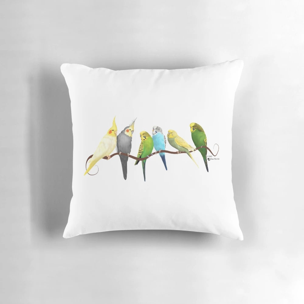Soft and snuggly pillow featuring a design of small parrots, including parakeets, budgies, and cockatiels in various colors.
