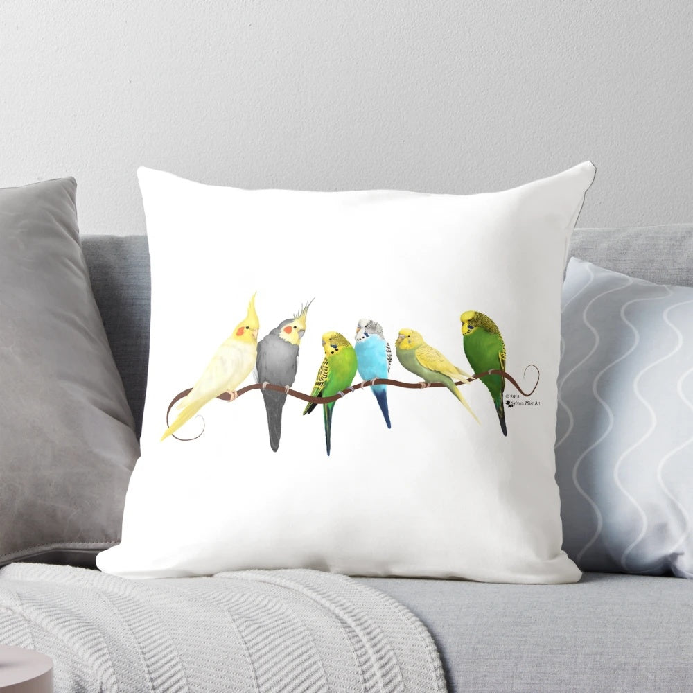 Soft and snuggly pillow featuring a design of small parrots, including parakeets, budgies, and cockatiels in various colors.