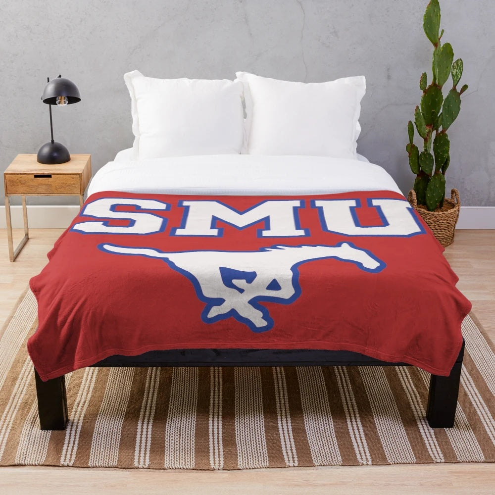 Soft and warm plush blanket featuring the SMU blue logo and Peruna the Mustang pony