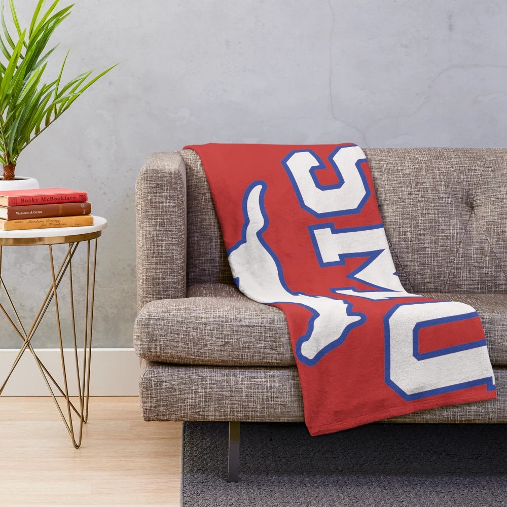 Soft and warm plush blanket featuring the SMU blue logo and Peruna the Mustang pony