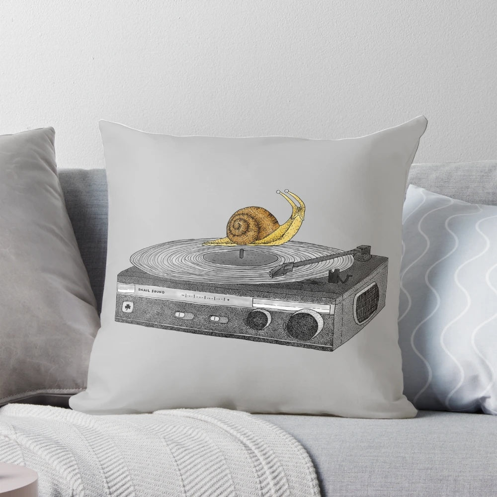 A detailed, hand-drawn snail pillow inspired by classic R&B album covers.