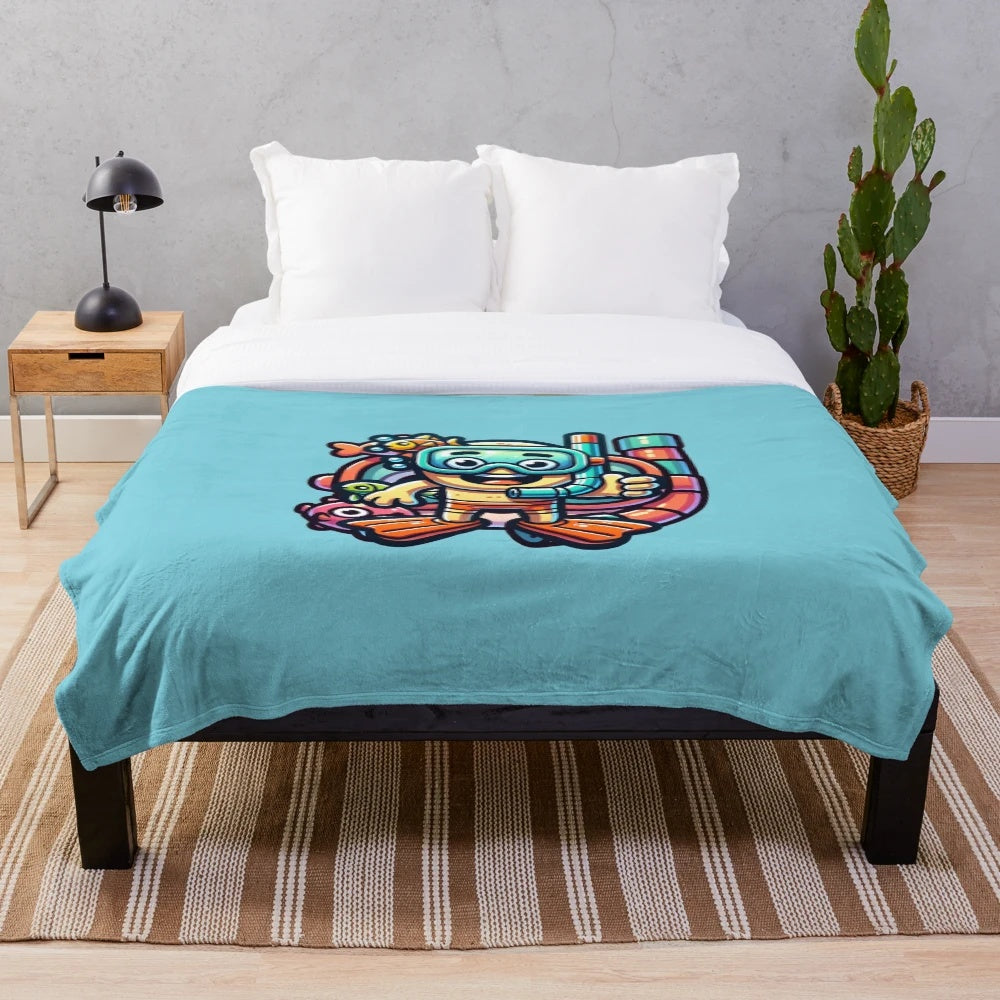 Soft and warm plush blanket featuring a snorkeling character design