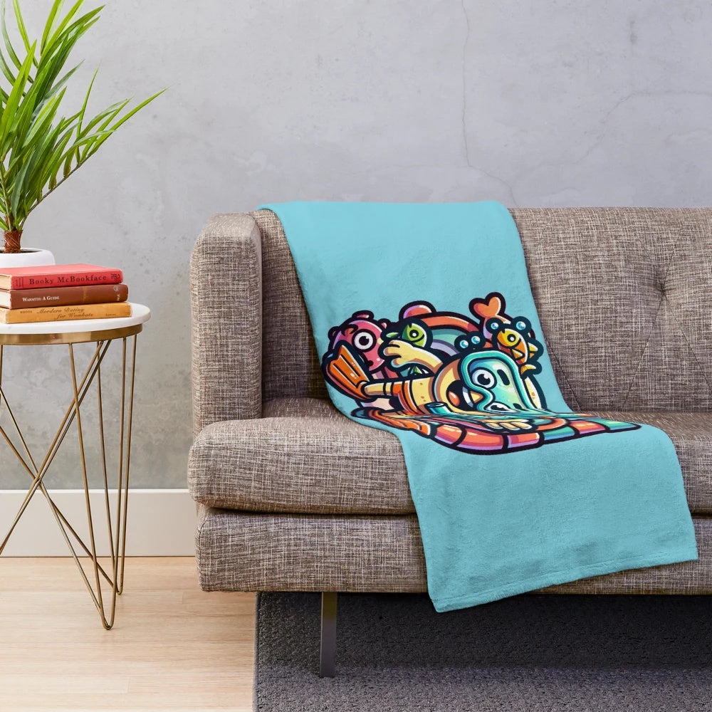 Soft and warm plush blanket featuring a snorkeling character design