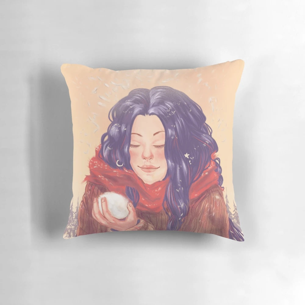 Soft and decorative snow aesthetic pillow with snowflakes and winter elements