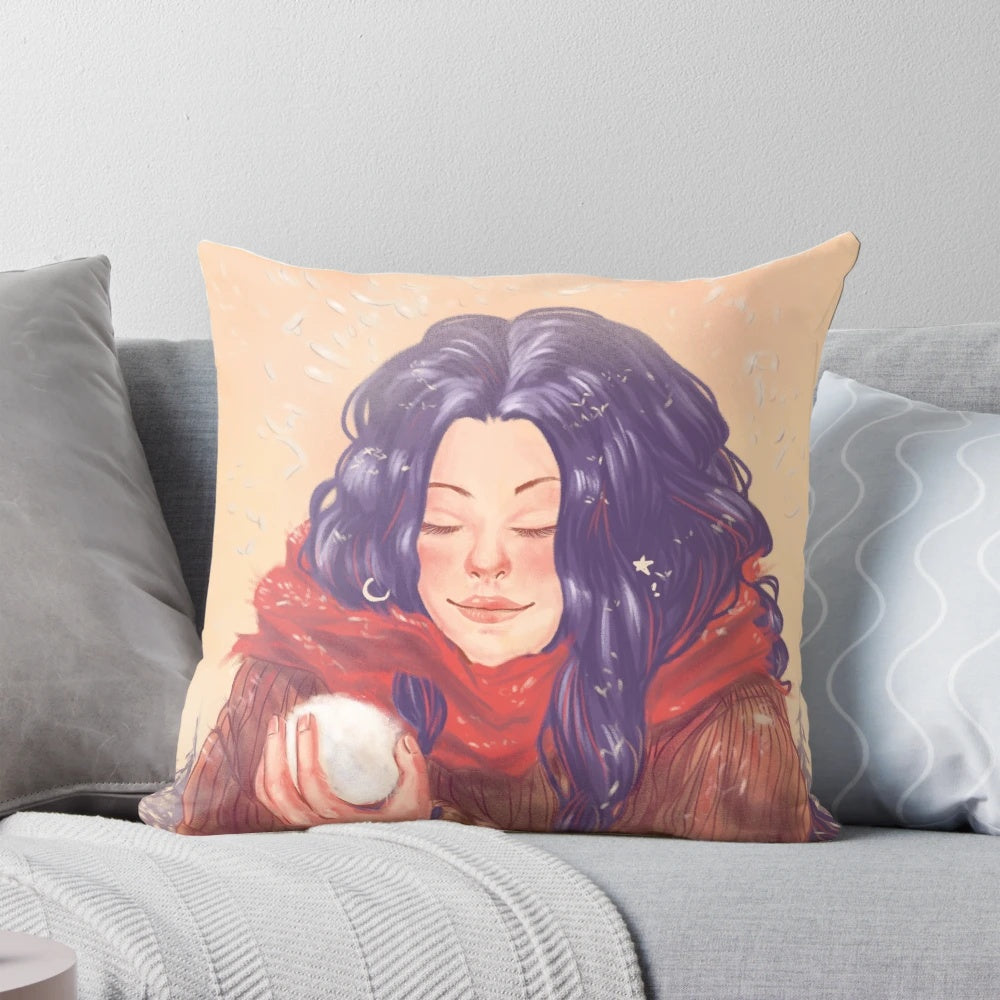 Soft and decorative snow aesthetic pillow with snowflakes and winter elements
