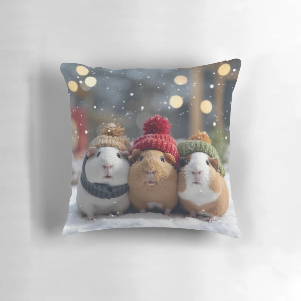 A soft, plush pillow featuring a cute guinea pig in a snowy winter scene