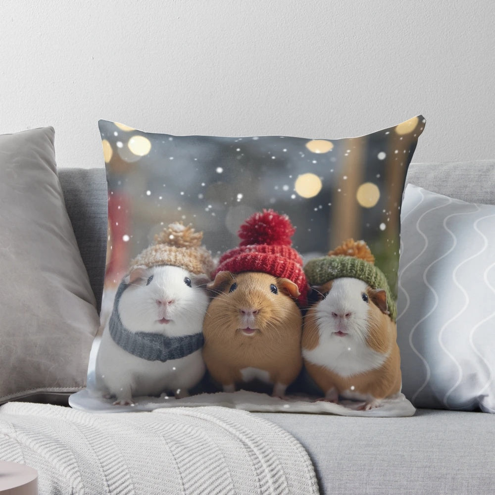 A soft, plush pillow featuring a cute guinea pig in a snowy winter scene