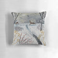 A soft, plush pillow featuring a peaceful snow scene with deer in a winter landscape.