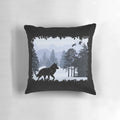 Snowy cabin with wolf silhouette on a plush dream pillow