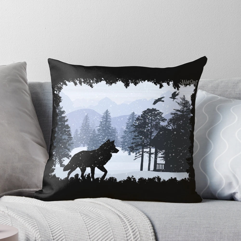 Snowy cabin with wolf silhouette on a plush dream pillow