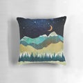 Serene snowy night landscape with blue mountains and trees on a navy blue throw pillow