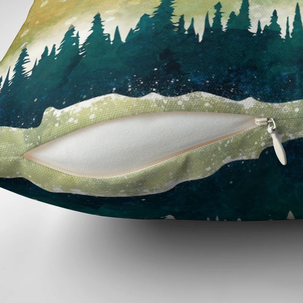 Serene snowy night landscape with blue mountains and trees on a navy blue throw pillow