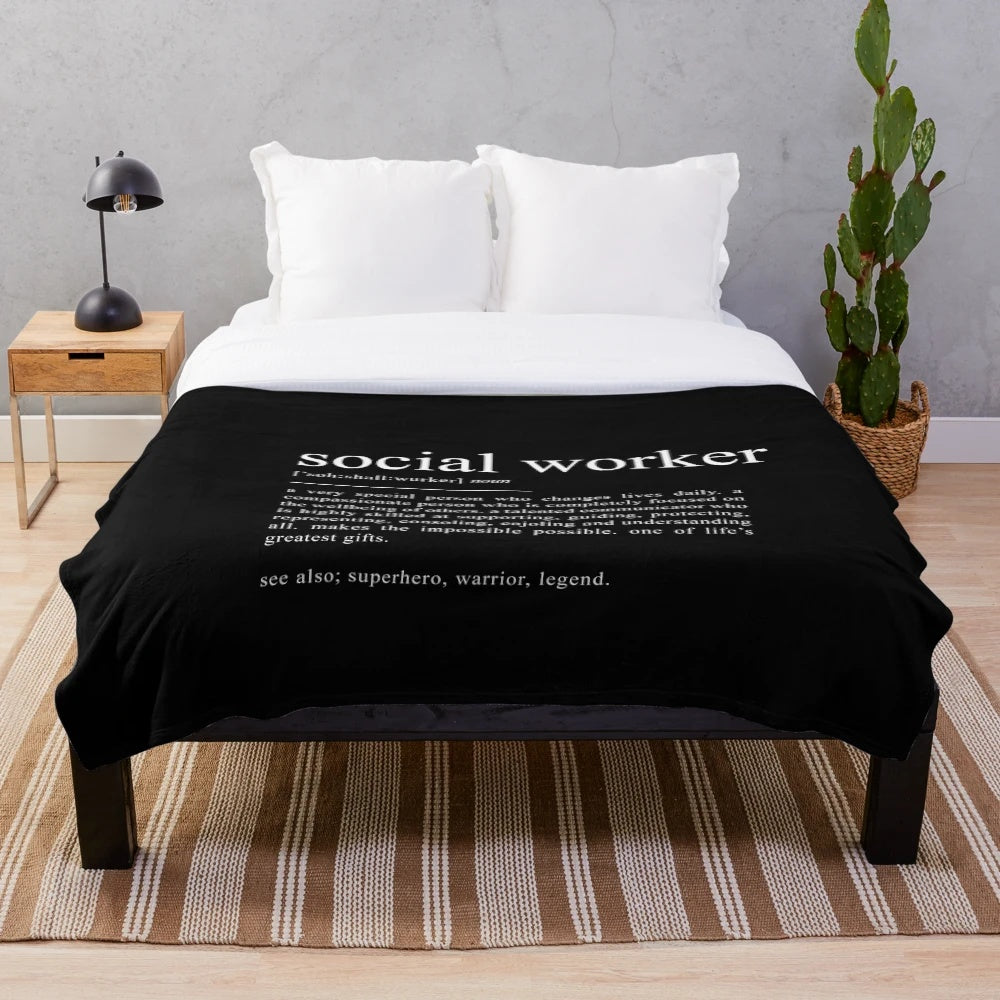 Soft and cuddly plush blanket featuring the definition of "social worker
