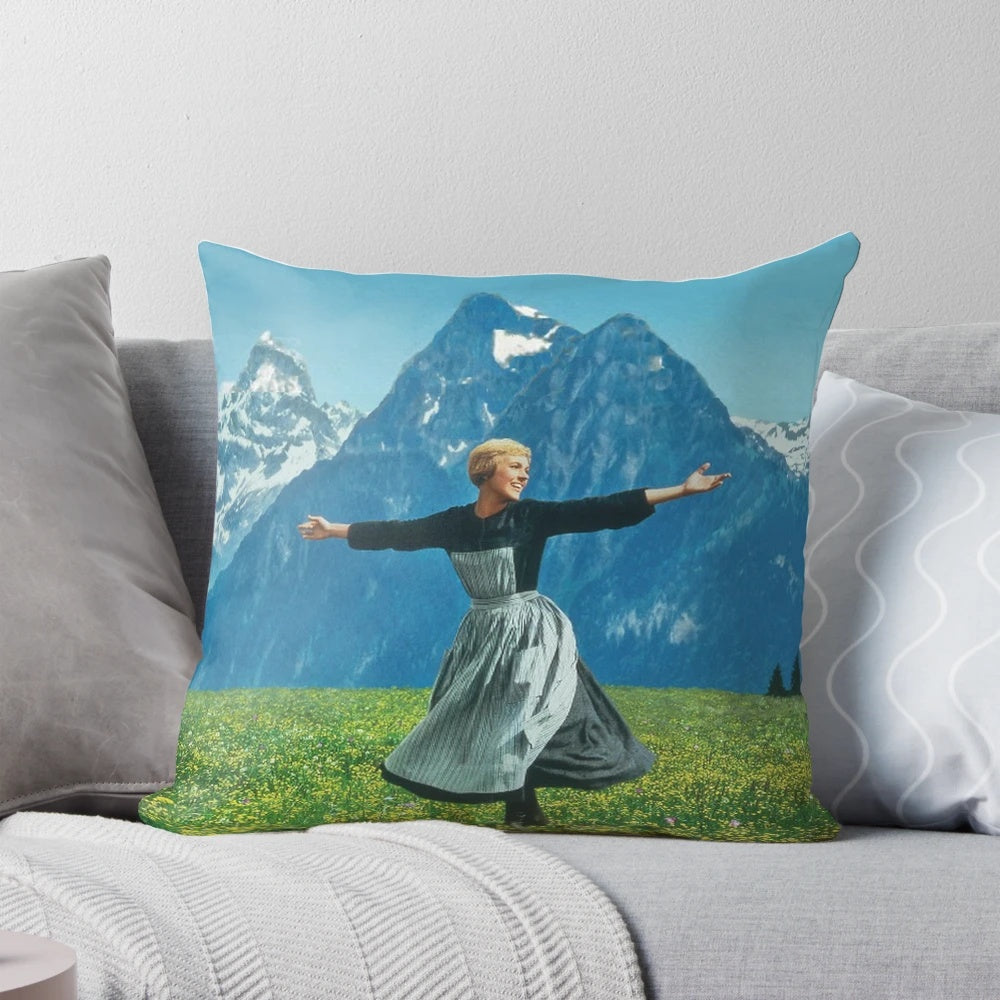 Sound of Music themed decorative throw pillow with mountains and musical notes