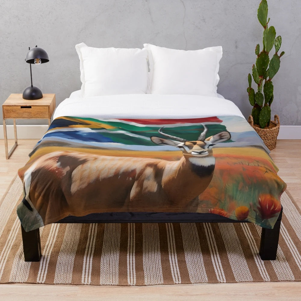 South Africa plush blanket featuring springbok, proteas, and other iconic African wildlife and nature