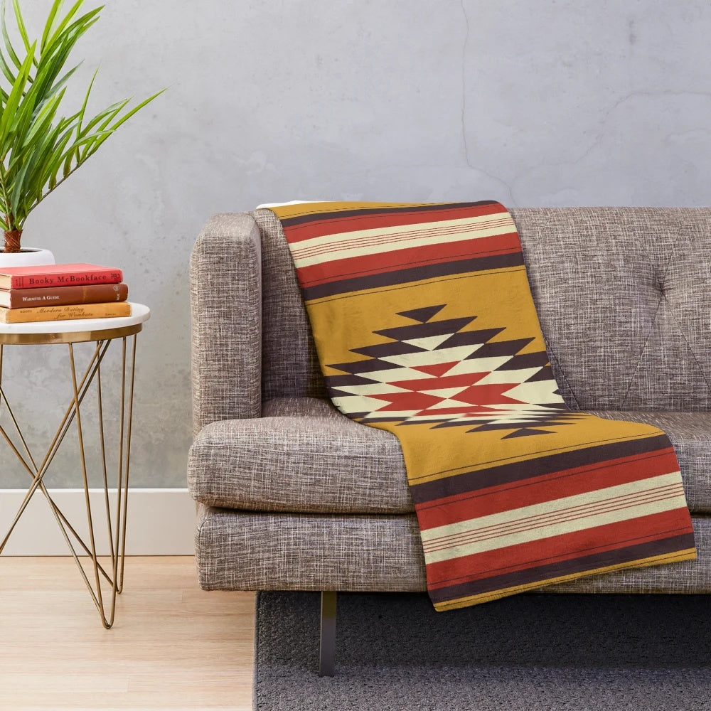 Southwestern-inspired plush blanket with tribal, ethnic pattern in yellow and gray colors