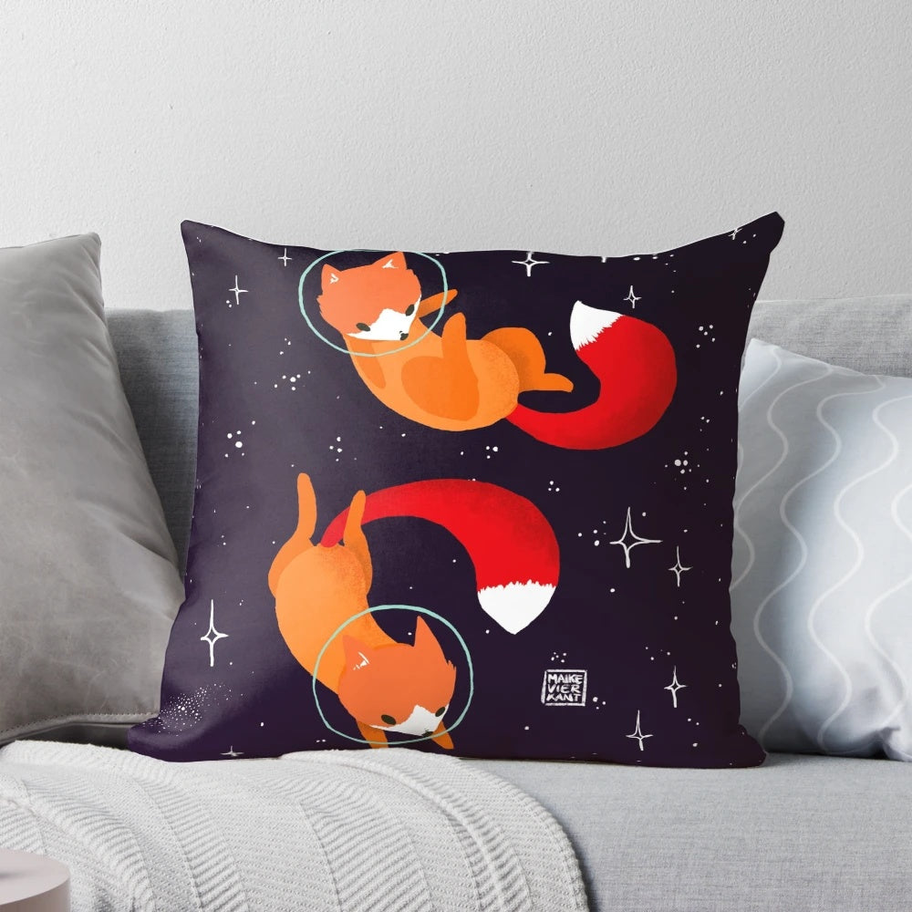 Soft, plush pillow featuring a digital illustration of a cute space fox surrounded by stars