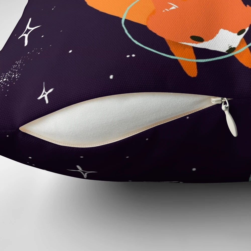 Soft, plush pillow featuring a digital illustration of a cute space fox surrounded by stars