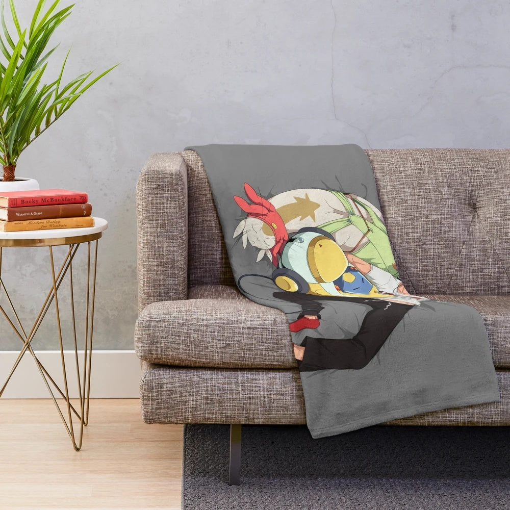 Snoozing Space Crew Plush Blanket with Cute Anime Characters