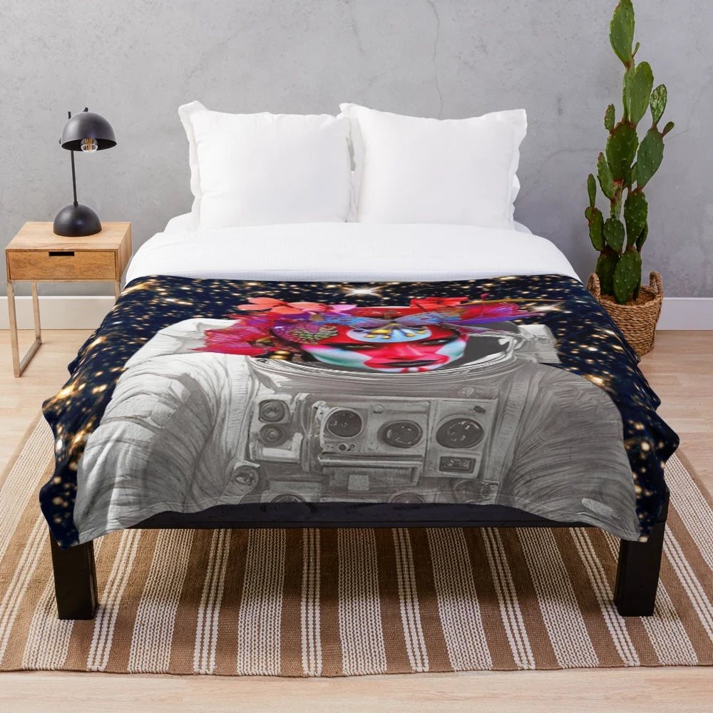 Plush blanket with boho alien design in space theme
