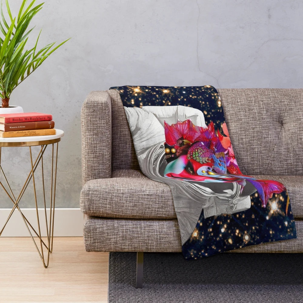 Plush blanket with boho alien design in space theme