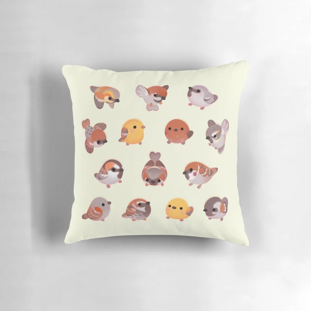 A fluffy, chubby sparrow perched on a pillow, showcasing its adorable features.